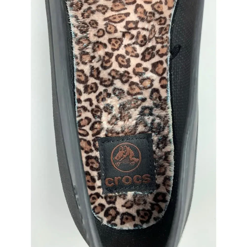 Crocs Mammoth Leopard Lined Ballet Flats Black Slip On Comfort Shoes Women's 9